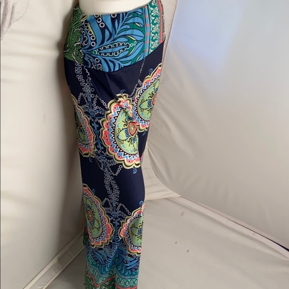 Multicolor navy blue pattern stretch palazzo pants L - Picture 2 of 10